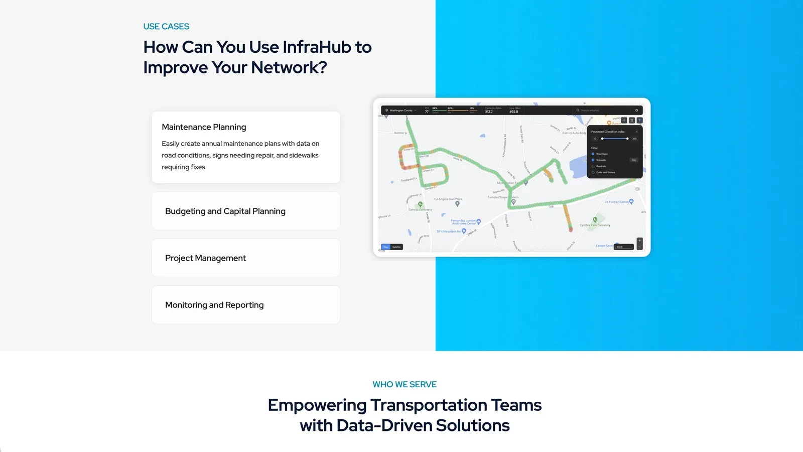 Infrahub.ai use cases, with a pavement condition index filter applied to a county road map
