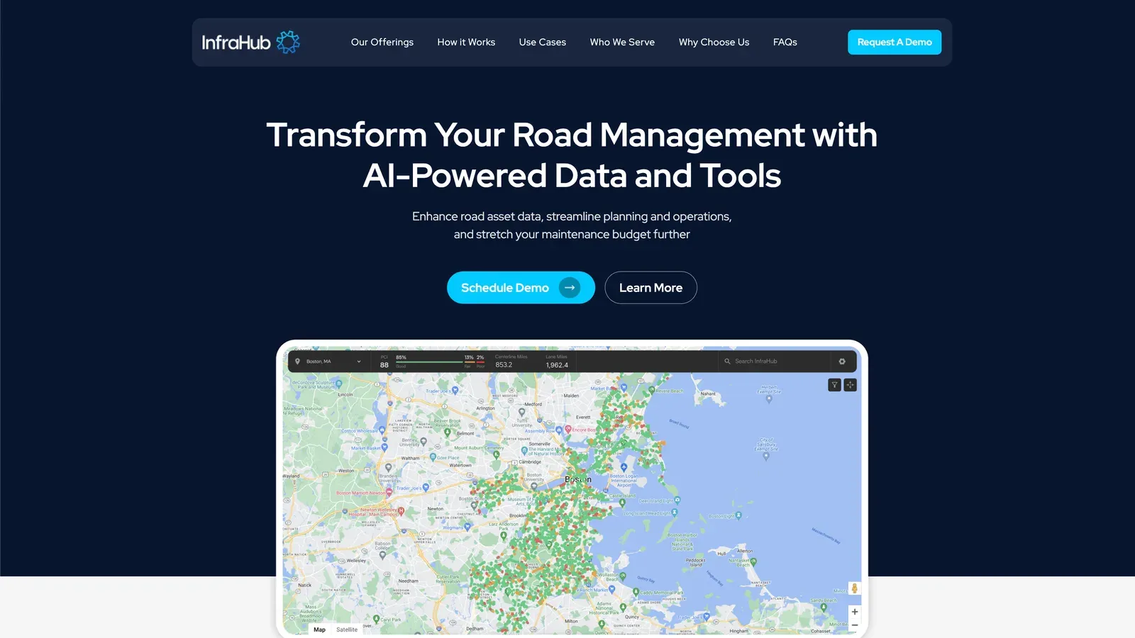 Infrahub.ai home page over a pavement condition map of the Boston road network
