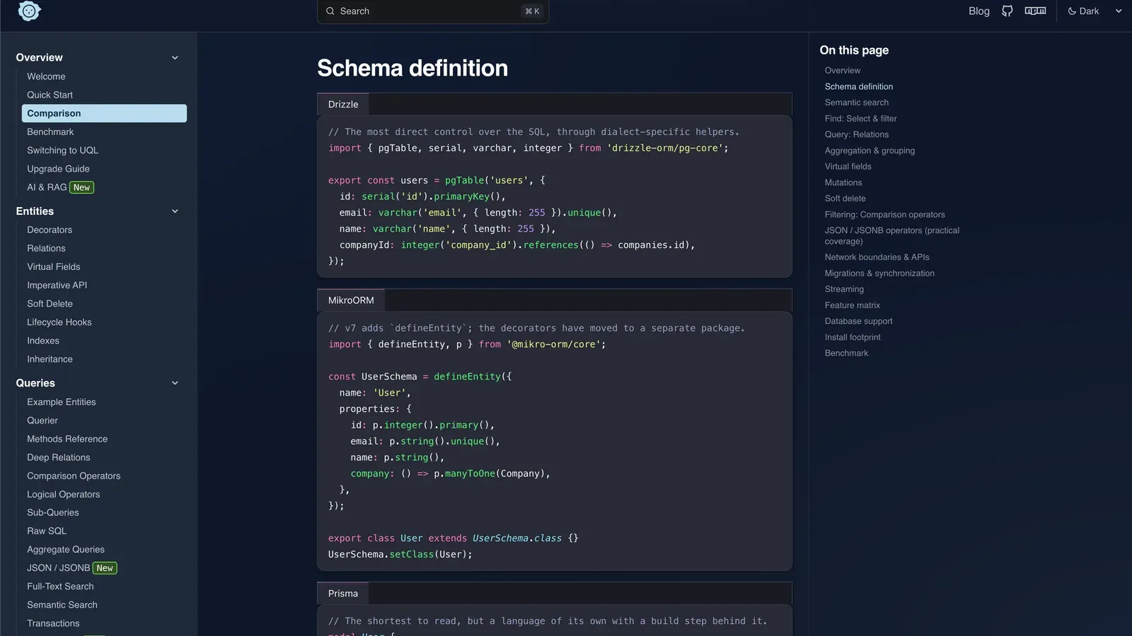 UQL docs comparing schema definition side by side with Drizzle, MikroORM and Prisma