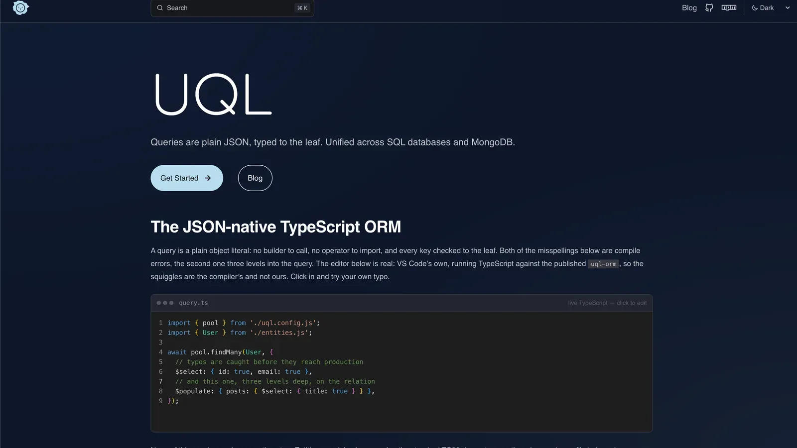The UQL home page with a plain-JSON query in a live, type-checked editor