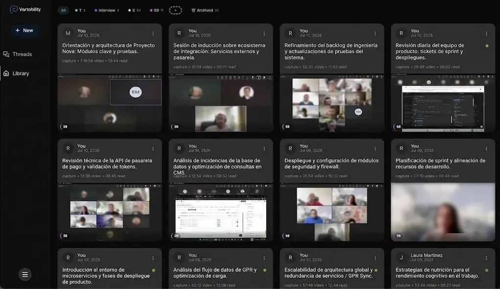 Variability.ai library of recorded meetings with searchable summaries