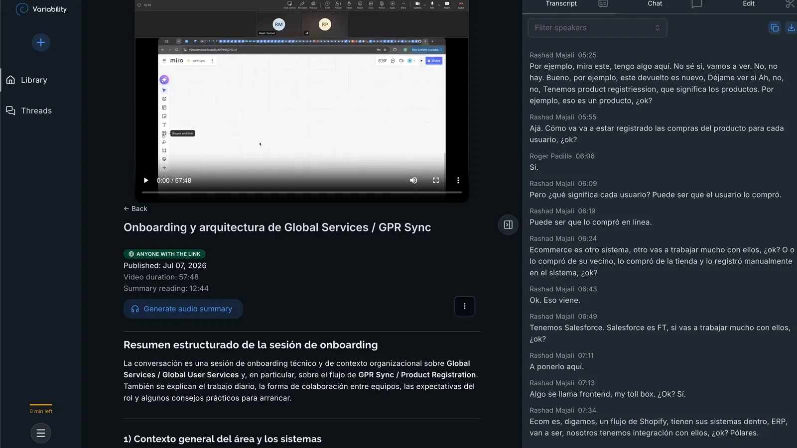 A recorded meeting in Variability.ai with its structured summary and speaker-labelled transcript